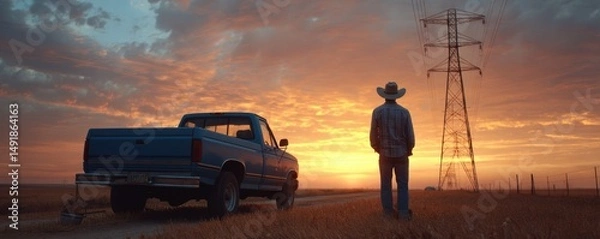 Obraz Cowboy at Sunset by Vintage Truck Next to Power Lines