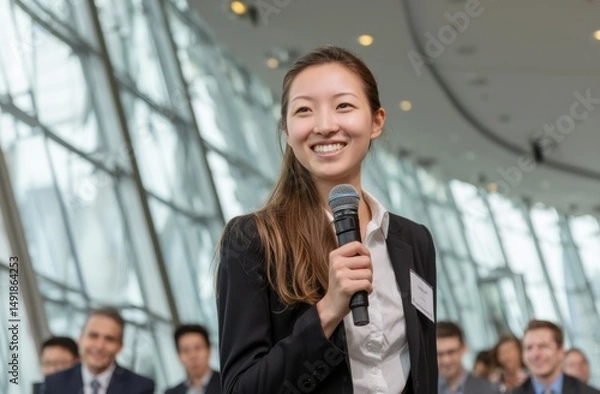 Obraz Engaging Speaker at Business Conference with Microphone in Hand