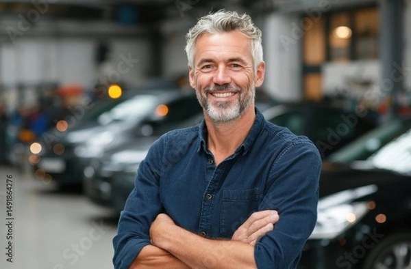 Obraz Confident Man Smiling with Arms Crossed in Car Dealership Interior