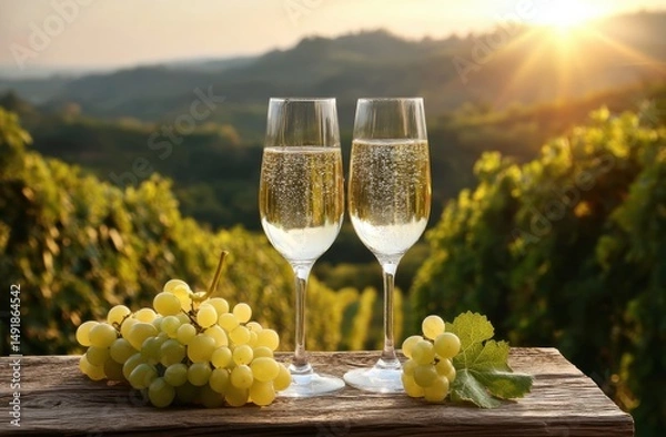 Obraz Romantic Evening with Sparkling Wine and Fresh Grapes at Sunset