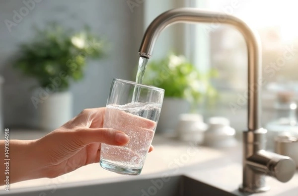 Obraz Clear Water Being Poured Into a Glass From Modern Kitchen Faucet