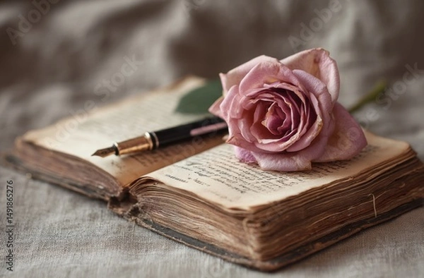 Obraz Vintage Book with Fountain Pen and Pink Rose on Natural Fabric