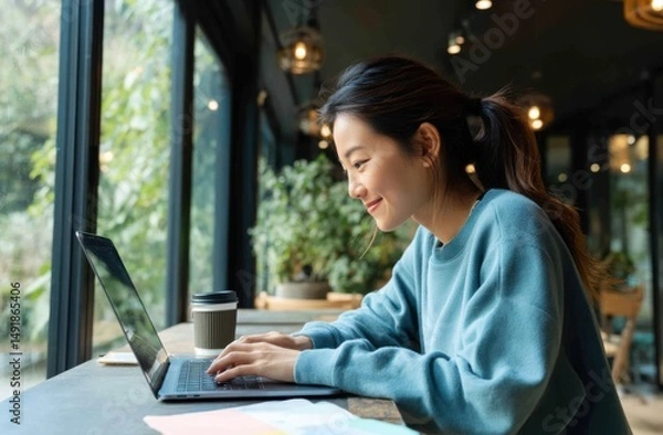 Obraz Young Woman Working on Laptop in Cozy Café with Natural Light