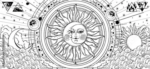 Obraz Mystical astrological coloring book for adults with moon and sun, universe hand drawing, vector esoteric zodiac poster, horoscope, tarot.