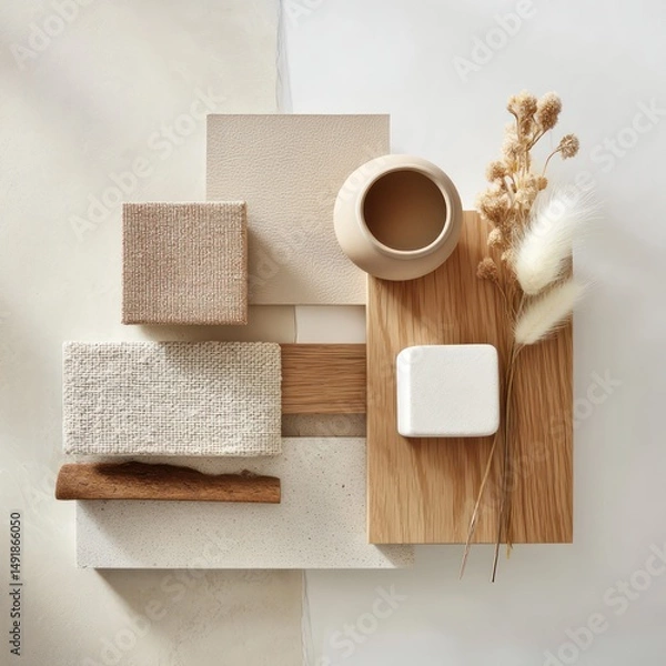 Obraz Neutral living room featuring a soft beige palette, oak textures, and clean minimalist design.