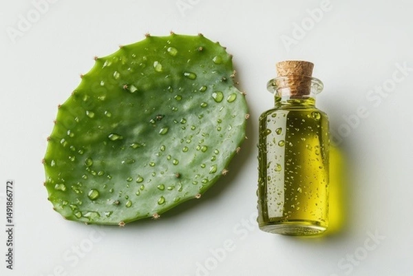 Obraz A vibrant green prickly pear leaf rests beside a small, glass bottle filled with a translucent, yellowish-green oil; both are adorned with water droplets on a white background
