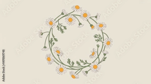 Obraz Minimalist line art daisy wreath illustration on soft cream.