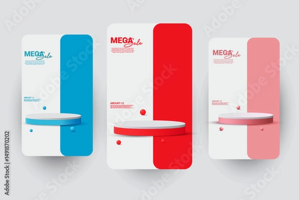 Fototapeta Set of Promotional social media product sale advertisement poster design with a 3D realistic empty podium. Blue, red, and pink color podium collection design. Cosmetics product ads design vector. 