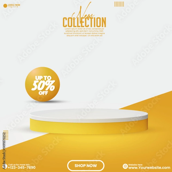 Fototapeta Promotional social media product sale advertisement poster design with a 3D realistic empty podium. Product showcase vector. Minimalist studio backdrop background design template. Product mockup. 