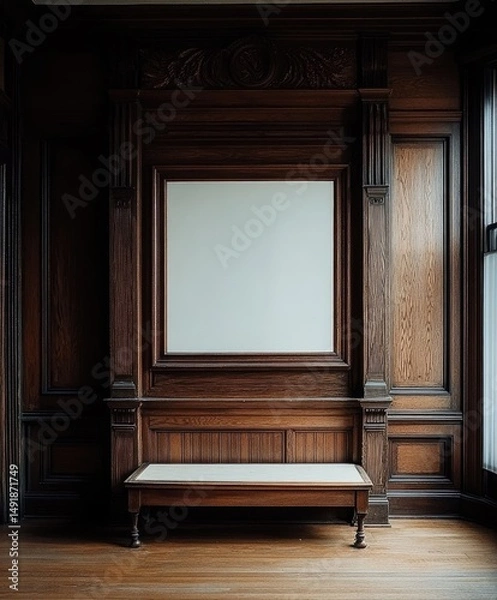 Fototapeta Empty room with dark wood paneling and a blank canvas