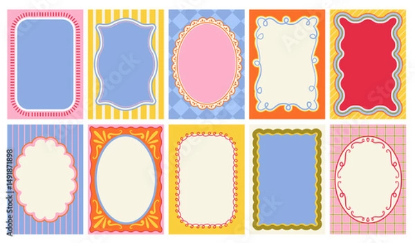 Fototapeta Set of colorful frames with wavy edges. Ornaments, patterns. Doodle, cute retro borders. Design for card, invitation, cover, packaging.