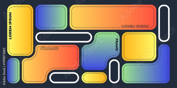 Fototapeta Abstract bento grid shapes on black background. Contemporary vector illustration of blue, yellow, orange gradient frames, geometric collage layout, web design template, y2k retro futuristic banner