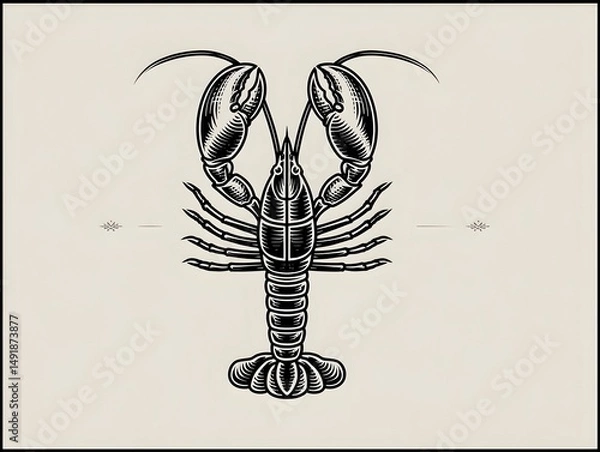 Fototapeta A detailed vintage illustration of a lobster in black and white on a beige background perfect for nautical themed designs and s.