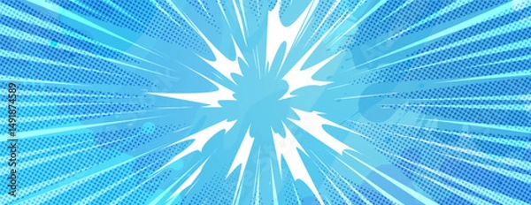 Fototapeta Anime explosion background with radial lines - dynamic starburst with speed motion effect. Blue and white halftone pattern for superhero action in manga comic book style. Stylized decorative bg.
