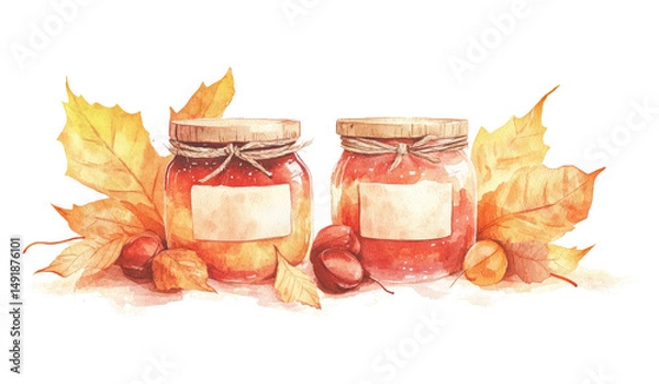 Fototapeta Watercolor Jars with Autumn Leaves and Chestnuts
