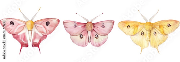 Fototapeta Watercolor Moth Illustration with Pink and Yellow Wings