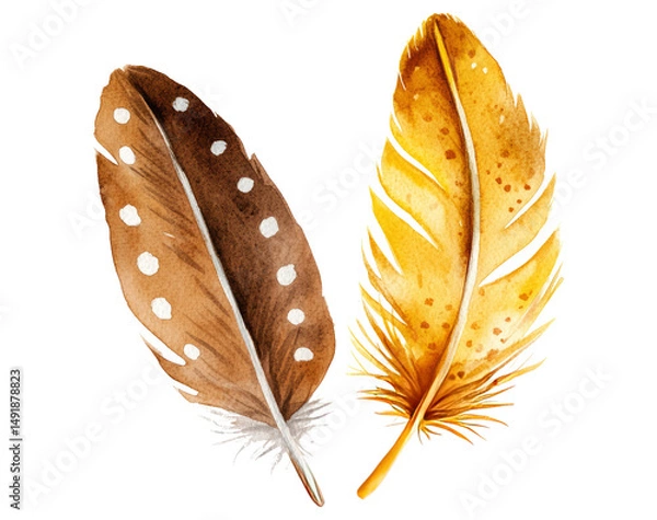 Fototapeta Feather Watercolor Painting of Two Feathers Isolated on White
