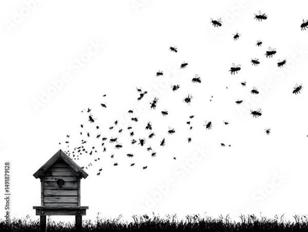 Fototapeta A swarm of bees emerges from a rustic wooden beehive in a field of tall grass against a white background.