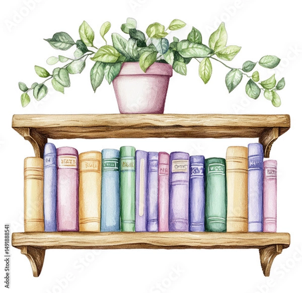 Fototapeta Bookshelf with Books and Plant Illustration in Watercolor Style