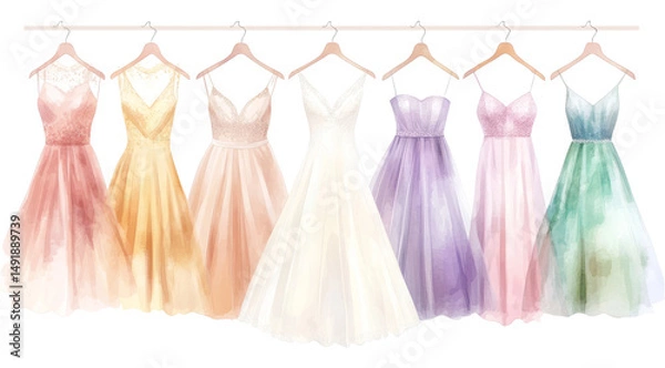 Fototapeta Elegant Dresses Hanging on Rack Illustration Pastel Colors