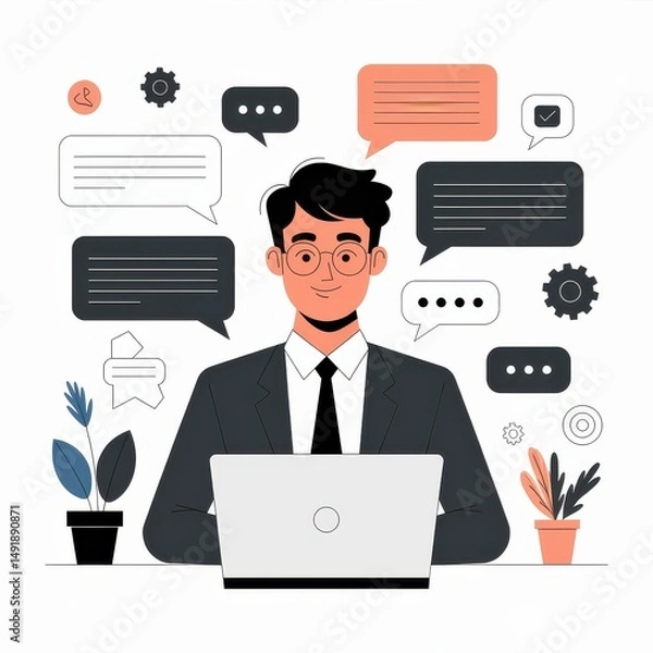 Fototapeta Cartoon businessman at laptop with floating communication bubbles.