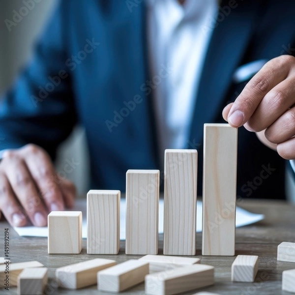 Fototapeta Businessman arranging wooden blocks into a rising bar chart for growth.