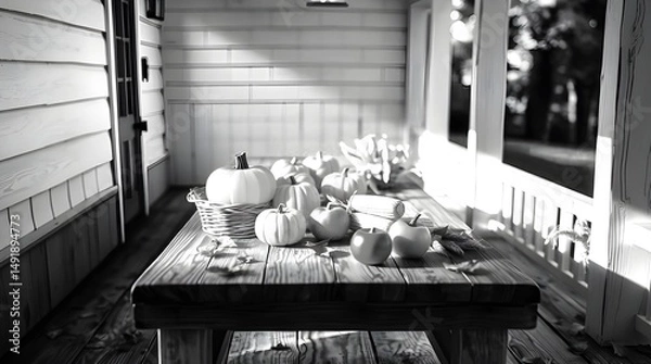 Obraz Rustic harvest table laden with pumpkins apples and corn centerpiece