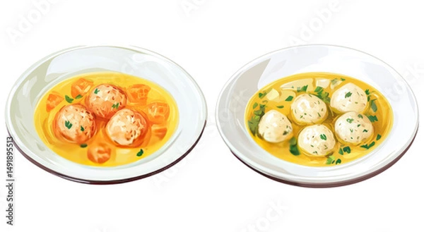 Fototapeta Serving of Meatball Soup with Vegetables in Plates