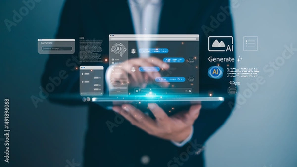 Fototapeta A businessman holding a tablet with floating AI interfaces, Symbolizing futuristic technology data, Digital communication online, and artificial intelligence in modern business environments.