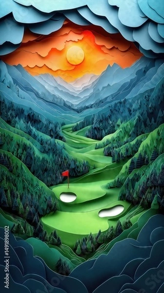 Obraz Papercut Paper Cut Golf Course Green Flag Scenic Landscape Phone Mobile Background Wallpaper Art Illustration	
