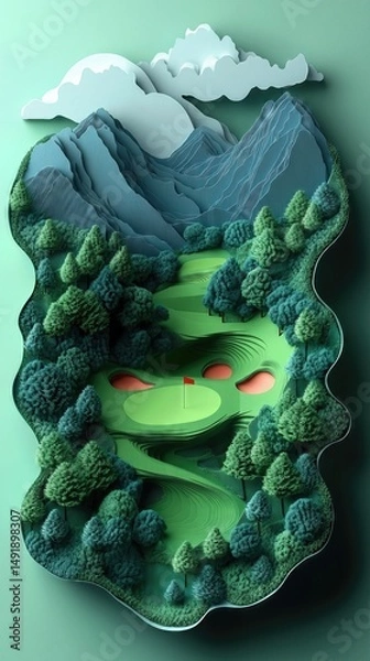 Obraz Papercut Paper Cut Golf Course Green Flag Scenic Landscape Phone Mobile Background Wallpaper Art Illustration	
