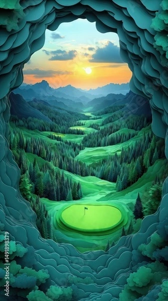 Obraz Papercut Paper Cut Golf Course Green Flag Scenic Landscape Phone Mobile Background Wallpaper Art Illustration	
