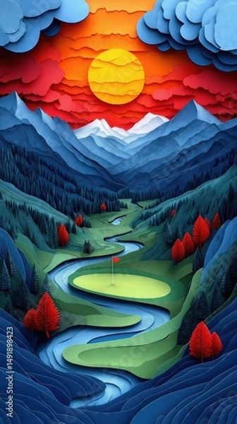 Obraz Papercut Paper Cut Golf Course Green Flag Scenic Landscape Phone Mobile Background Wallpaper Art Illustration	
