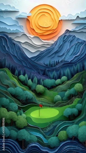 Obraz Papercut Paper Cut Golf Course Green Flag Scenic Landscape Phone Mobile Background Wallpaper Art Illustration	
