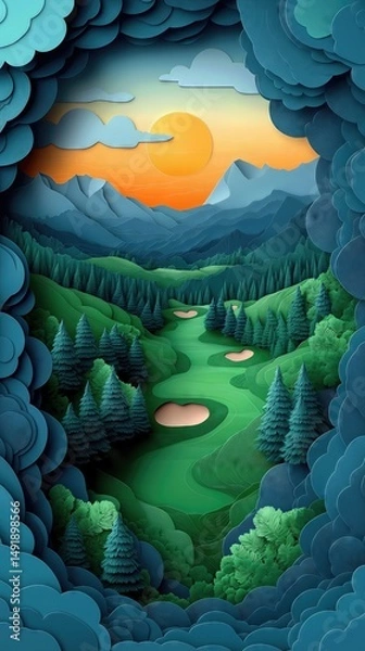 Obraz Papercut Paper Cut Golf Course Green Flag Scenic Landscape Phone Mobile Background Wallpaper Art Illustration	
