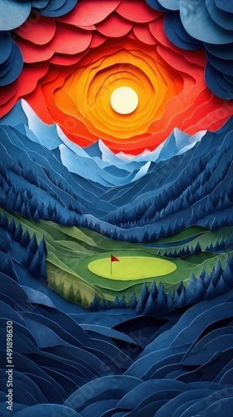 Obraz Papercut Paper Cut Golf Course Green Flag Scenic Landscape Phone Mobile Background Wallpaper Art Illustration	
