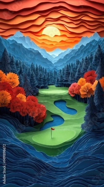 Obraz Papercut Paper Cut Golf Course Green Flag Scenic Landscape Phone Mobile Background Wallpaper Art Illustration	
