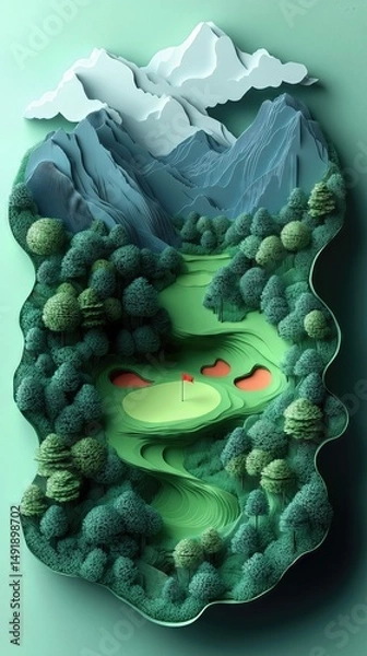 Obraz Papercut Paper Cut Golf Course Green Flag Scenic Landscape Phone Mobile Background Wallpaper Art Illustration	
