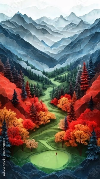 Obraz Papercut Paper Cut Golf Course Green Flag Scenic Landscape Phone Mobile Background Wallpaper Art Illustration	
