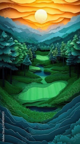 Obraz Papercut Paper Cut Golf Course Green Flag Scenic Landscape Phone Mobile Background Wallpaper Art Illustration	
