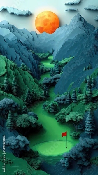 Obraz Papercut Paper Cut Golf Course Green Flag Scenic Landscape Phone Mobile Background Wallpaper Art Illustration	
