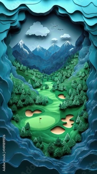 Obraz Papercut Paper Cut Golf Course Green Flag Scenic Landscape Phone Mobile Background Wallpaper Art Illustration	
