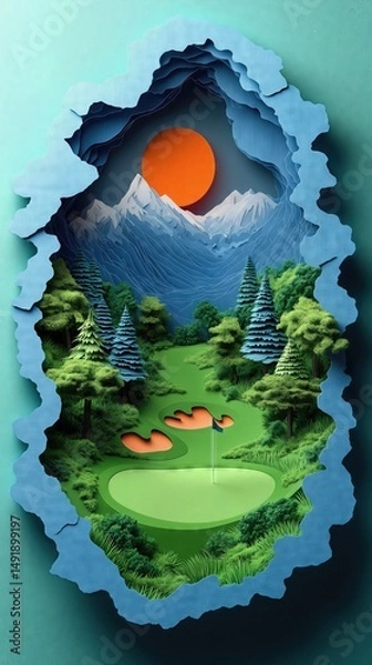 Obraz Papercut Paper Cut Golf Course Green Flag Scenic Landscape Phone Mobile Background Wallpaper Art Illustration	
