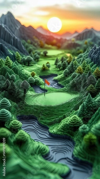 Obraz Papercut Paper Cut Golf Course Green Flag Scenic Landscape Phone Mobile Background Wallpaper Art Illustration	
