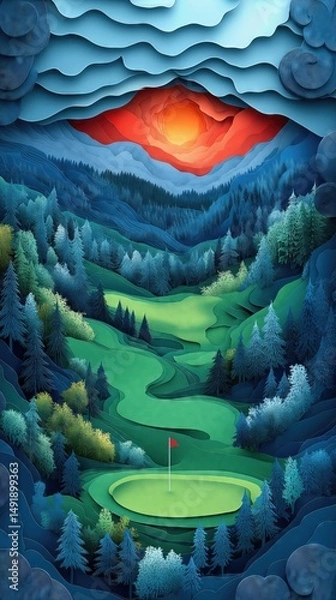 Obraz Papercut Paper Cut Golf Course Green Flag Scenic Landscape Phone Mobile Background Wallpaper Art Illustration	
