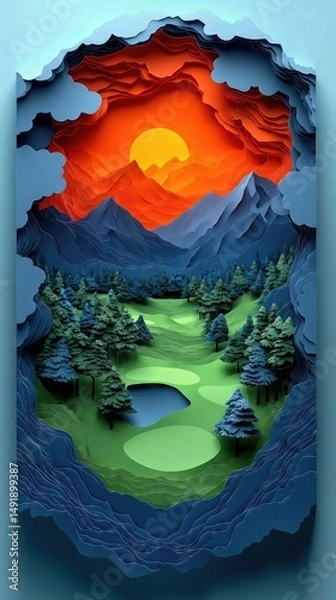 Obraz Papercut Paper Cut Golf Course Green Flag Scenic Landscape Phone Mobile Background Wallpaper Art Illustration	
