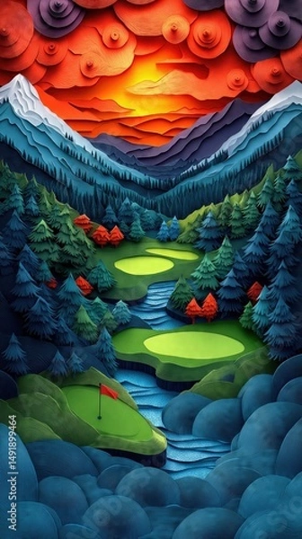 Obraz Papercut Paper Cut Golf Course Green Flag Scenic Landscape Phone Mobile Background Wallpaper Art Illustration	
