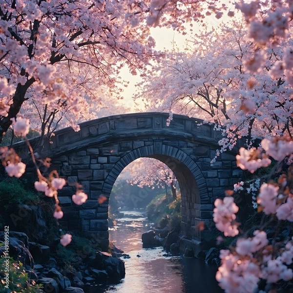 Fototapeta The image depicts a stone bridge with an archway set amidst cherry blossoms, with the sun's rays shining through the pink flowers.