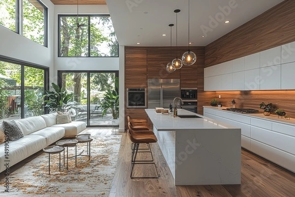 Fototapeta Modern kitchen with white cabinets, walnut accents, wood flooring in open-concept San Francisco home, Hovering Above the Floor design style