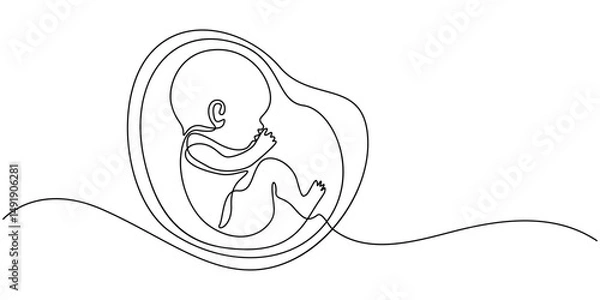 Fototapeta Baby embryo in womb one line drawing. Cute unborn fetus baby on mother womb isolated on white background, Baby embryo in womb in one continuous line drawing. Healthy pregnancy and premature symbol.